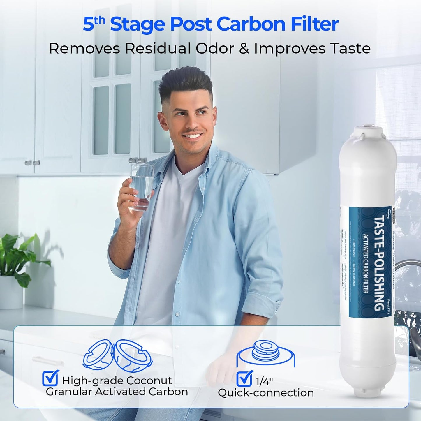 iSpring FT15 NSF Certified 5th Stage Inline Post Carbon Water Filter, Replacement Cartridge with 1/4" Quick Connect for Refrigerator, Ice Maker, RO Reverse Osmosis Water Filtration System