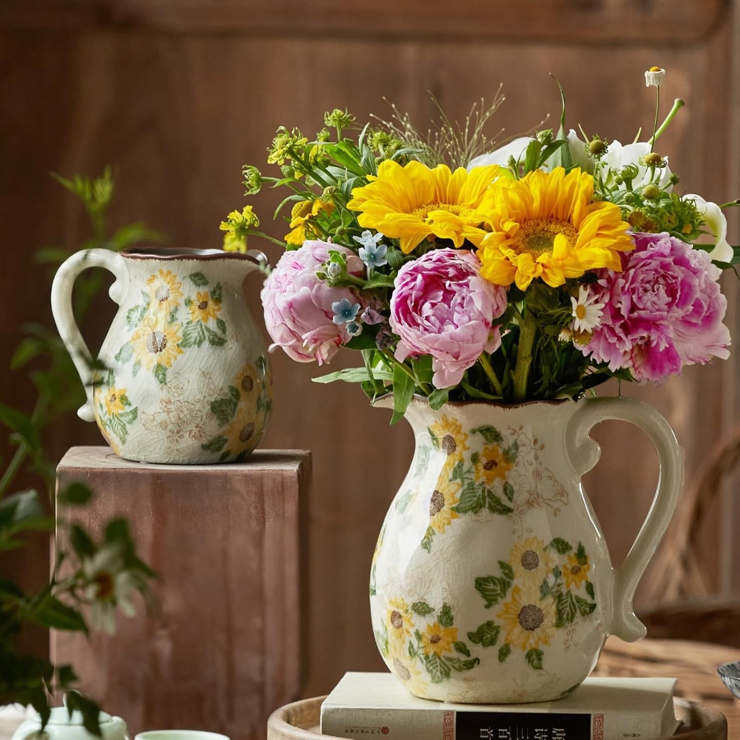 Vintage Vase with Handle, 6 Inch Ceramic Pitcher Sunflower Floral Vase, Rustic Farmhouse Vases for Grandma Core Home Decor, Bookshelf Office Tuscan Decor (Small Teapot)