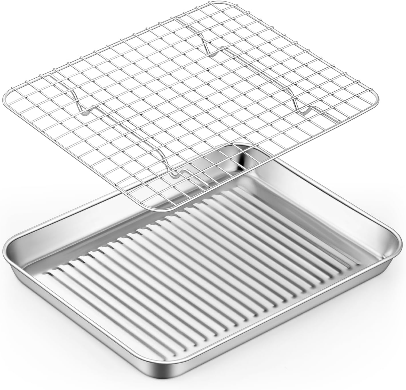 TeamFar Toaster Oven Pan with Cooling Rack, Stainless Steel Mini Baking Tray for Compact Toaster Oven, 9 Inch, Corrugated Bottom & Grid Mesh, Healthy & Heavy-Duty, 1 Pan + 1 Rack