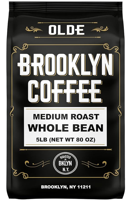 BROOKLYN COFFEE Whole Bean, Classic Medium Roast (5lb) Balanced, Smooth, Mellow - Fresh Bulk Coffee Beans Roasted Weekly in NYC