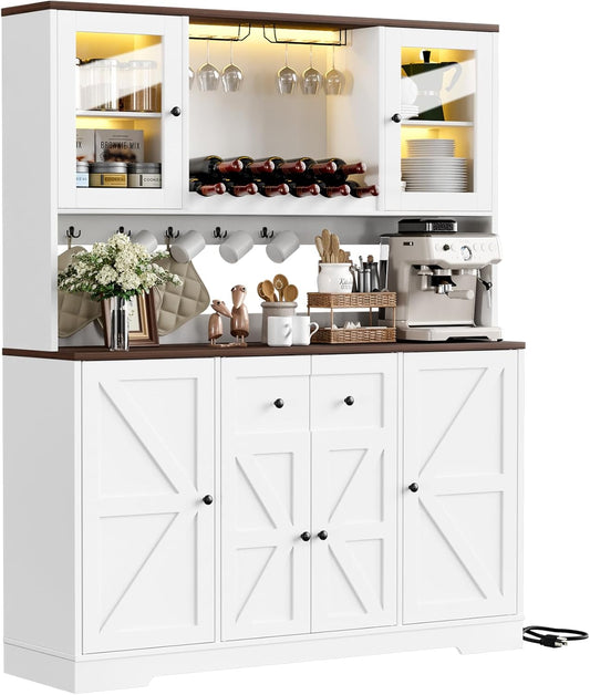 68" Tall Kitchen Pantry Storage Cabinet with Charging Station, 55" Wide Kitchen Hutch Cabinet with Large Countertop, Farmhouse Buffet Cabinet with Wine Holder & Wine Rack for Dining Room, White