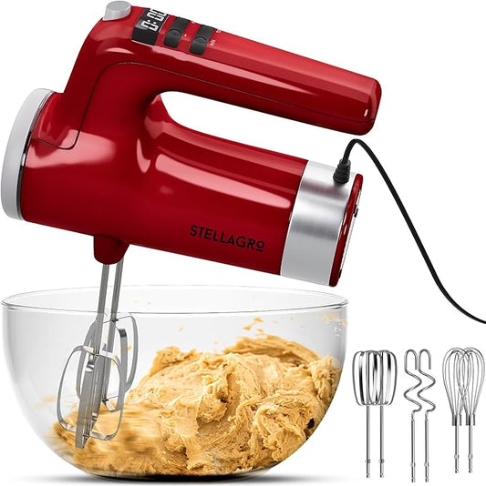 9 Speed Electric Handheld Mixer with Stainless Steel Whisk Beater Attachments & Snap Storage Case, Compact Lightweight 350 W Powerful hand held mixer for Baking & Cooking, Red