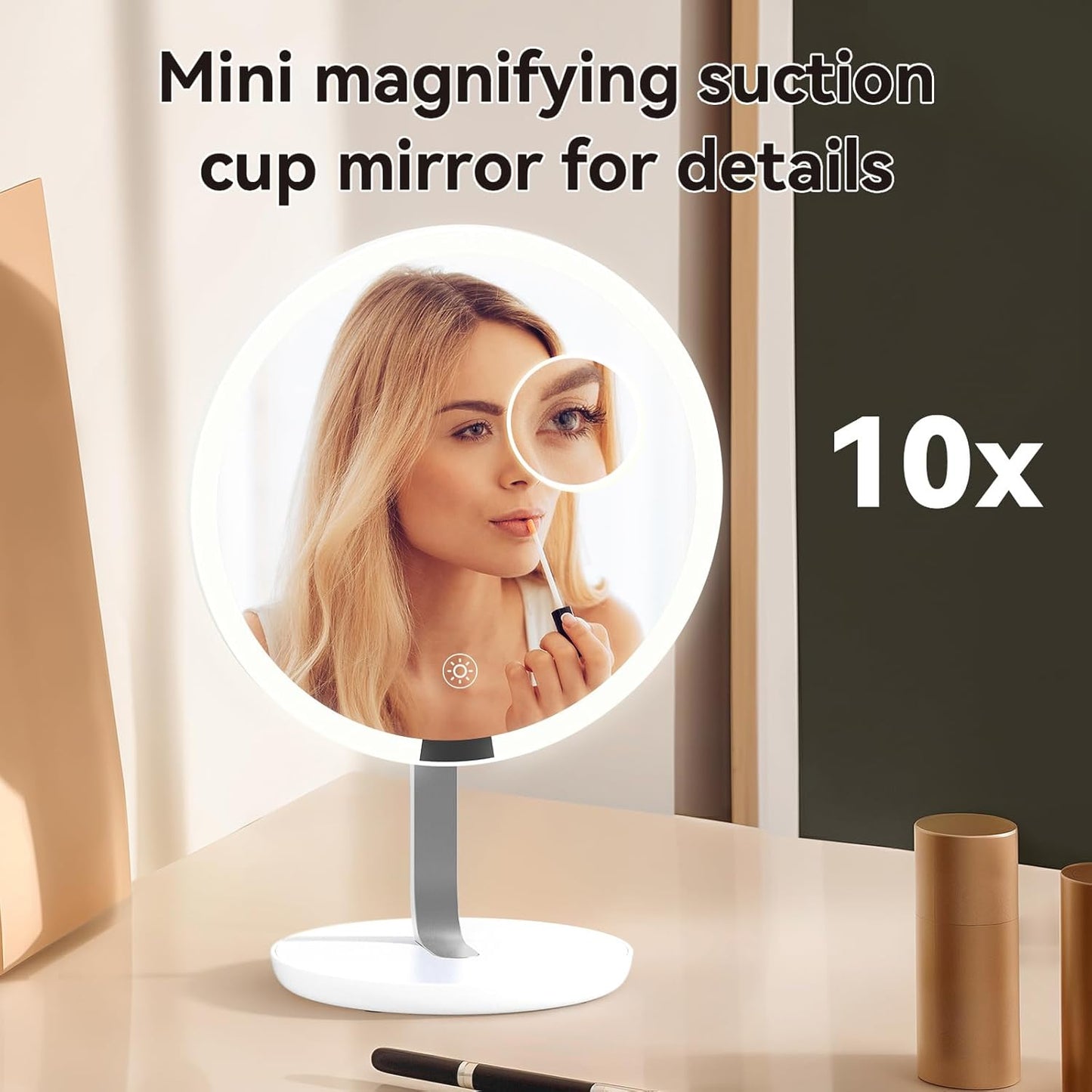 9.65-inch Lighting Makeup Mirror, 1x / 10x,Touch Control,3-Color Adjustable,Metal Stand,up and Down Adjustable Makeup Mirror, High Color Rendering, Eye-Protecting Light Source,Silver