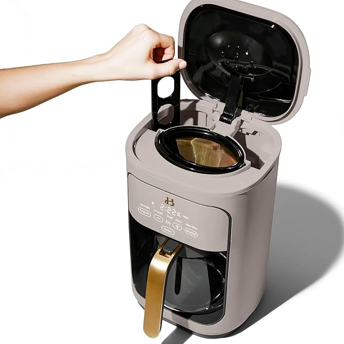 Beautiful by Drew Barrymore 14-Cup Programmable Drip Coffee Maker, Touch-Activated Display, Fast 14-Min Brew, Bold Strength, Keep Warm 4 H, Gold Filter (Porcini Taupe)