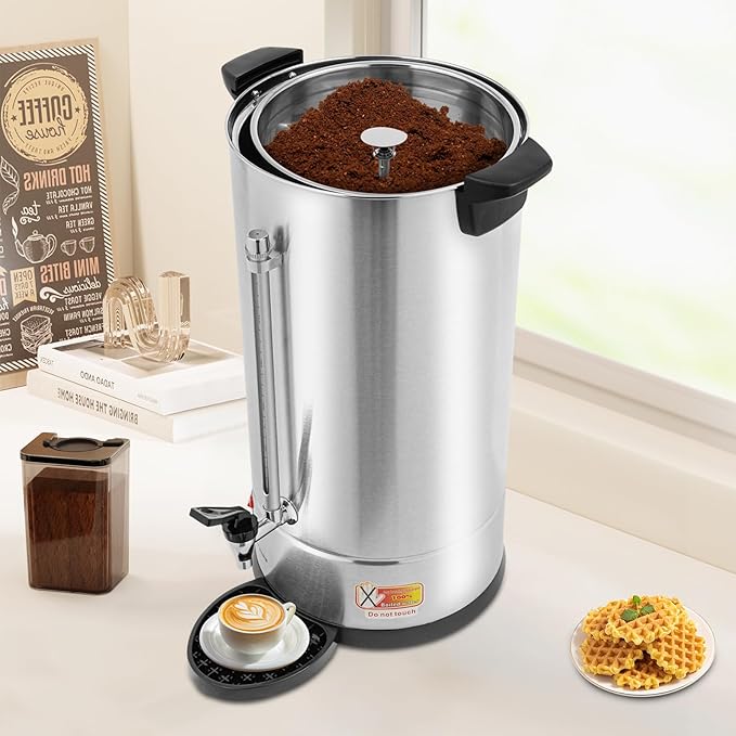 Commercial Electric Coffee Pot 1500W Stainless Steel Coffee Maker Hot Water Dispenser with Drip Tray for Cafes Offices Gatherings, No Temp Control (Silver, 25L)