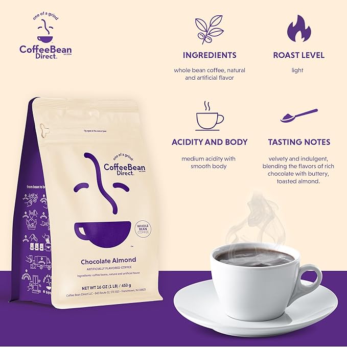 Coffee Bean Direct Chocolate Almond Flavored, Whole Bean Coffee, 1 Pound Bag (Pack of 1)