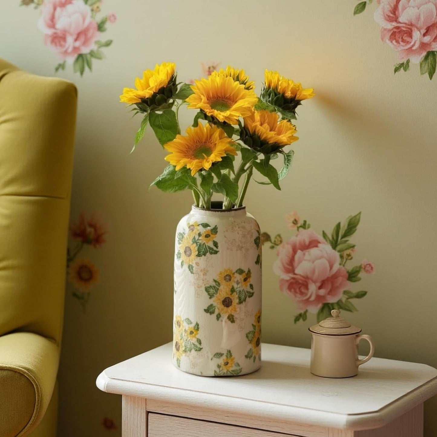 Vintage Ceramic Vase, 10.6 Inch Chinoiserie Sunflower Yellow Floral Vases, Retro Ice Cracked Rustic Antique Flower Vases for Modern Room Bathroom Shelf Home Decor (Large Cylinder)