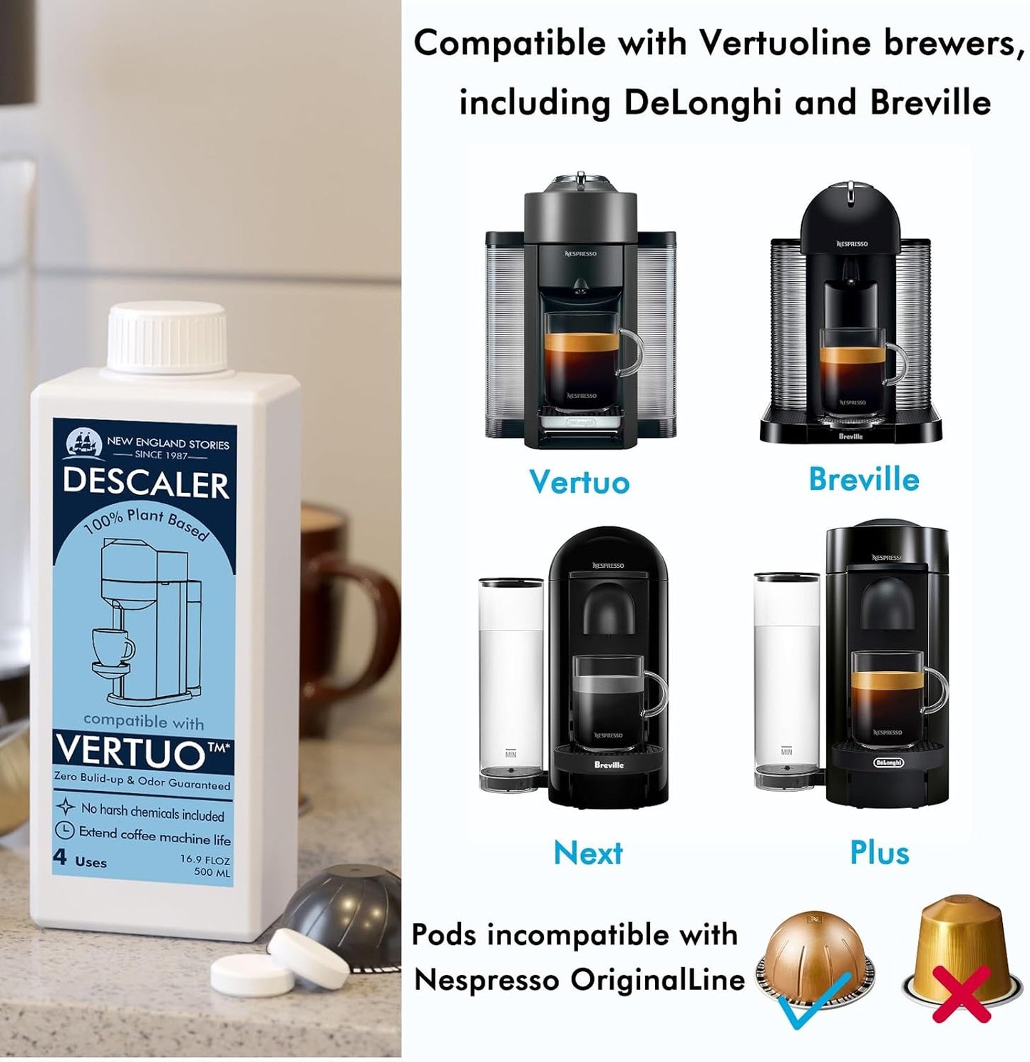 (12 Months Supply) Descaling Kit Compatible with Nespresso Vertuo, Odorless Coffee Brewer Machine Descaler Set, Liquid Descaling Solution for Nespresso, Includes Reusable Pod and 12 Cleaning Tablets
