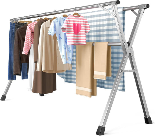 95 Inches Heavy - Duty Stainless Steel Folding Clothes Drying Rack Indoor Outdoor Anti-Rust 20 Windproof Hooks Portable & Foldable Laundry Rack (95'')