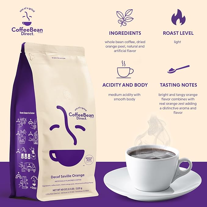 Coffee Bean Direct Decaf Seville Orange Flavored, Whole Bean Coffee, 2.5 Pound Bag