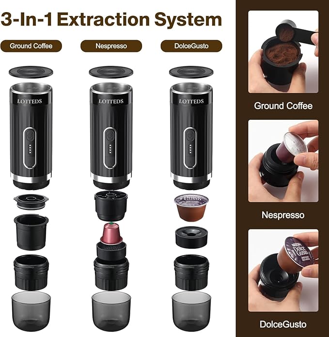 Portable Espresso Machine, Car Coffee Maker Self-Heating with Type-C, Compatible with Ground Coffee & Capsule for Travel, RV, Hiking, Camping, Office