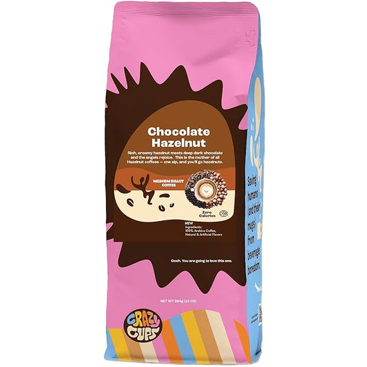 Crazy Cups Flavored Ground Coffee, Hazelnuts, Medium Roast Coffee, For Brewing Flavored Hot or Iced Coffee, 10 oz Bag