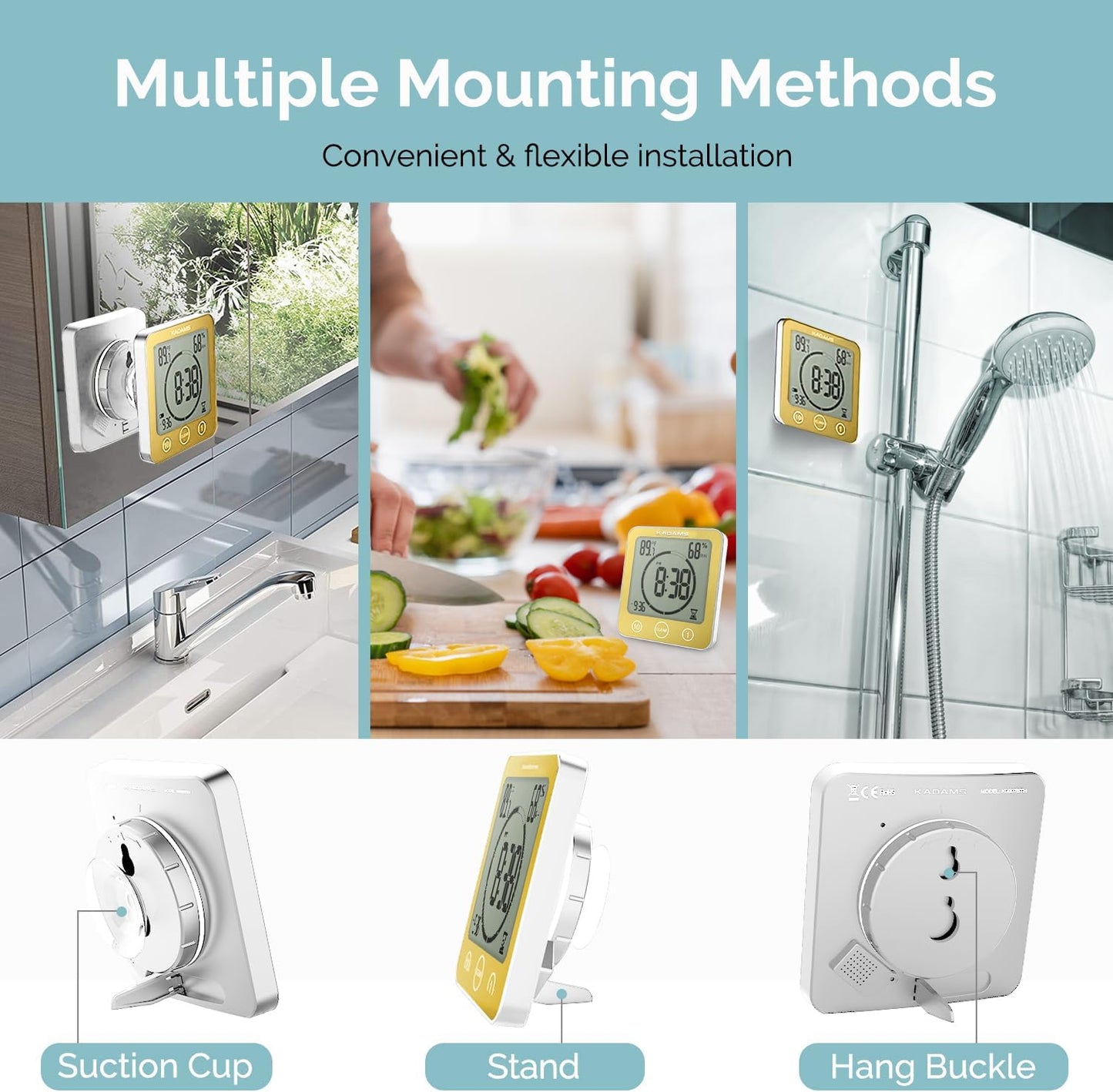 KADAMS Shower Clock Waterproof Bathroom Timer – Digital Wall Clock with Countdown, Magnetic Kitchen Clock with Temperature & Humidity, Suction Cup for Kids Shower Spa Sauna Cook Bath (Yellow)