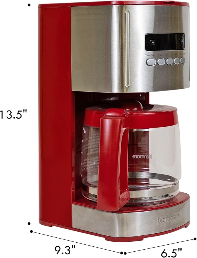 Kenmore Drip Coffee Maker - Programmable Cafe Machine With Glass Pot, Regular & Bold Brew, Auto Shut Off Large Water Reservoir, Reusable Filter, Kitchen Appliances For Cafeteria Barista, 12 Cup Red