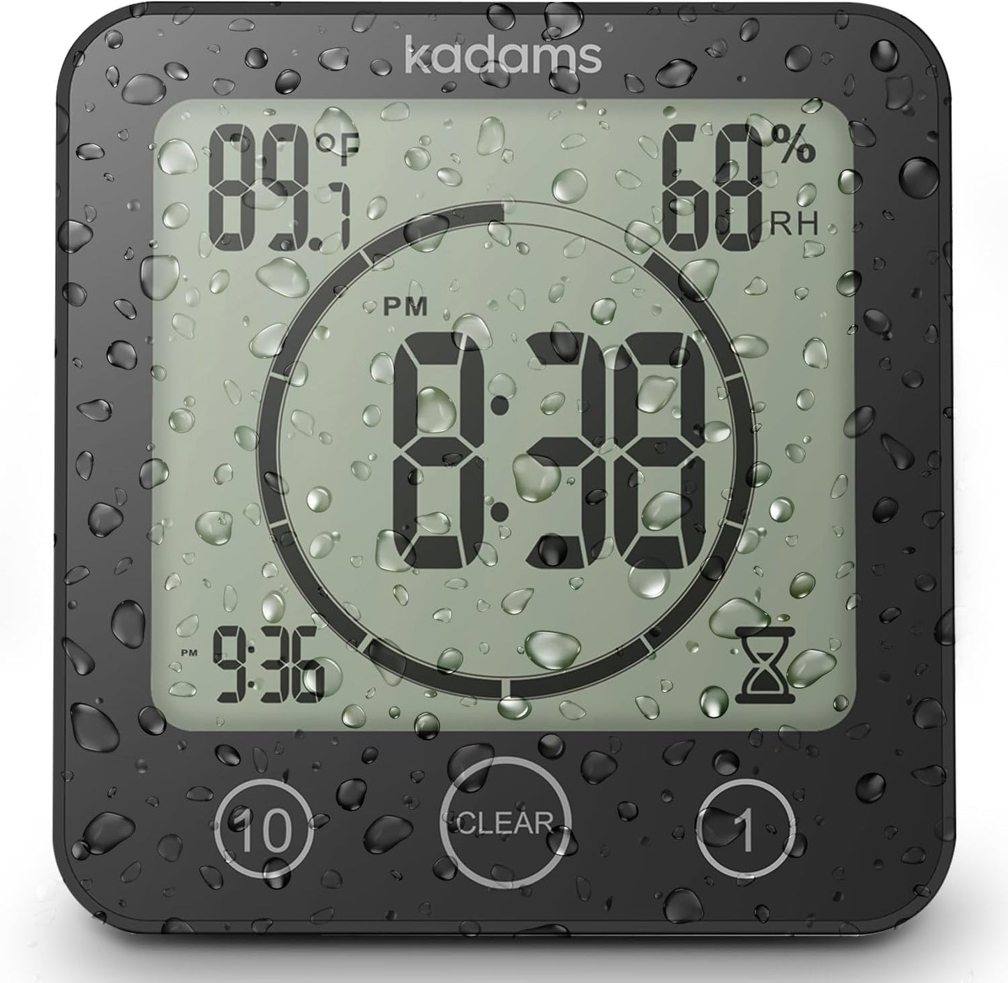 KADAMS Shower Clock Waterproof Bathroom Timer – Digital Wall Clock with Countdown, Magnetic Kitchen Clock with Temperature & Humidity, Suction Cup for Kids Shower Spa Sauna Cook Bath (Black)