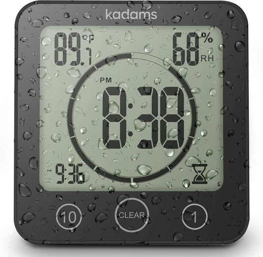 KADAMS Shower Clock Waterproof Bathroom Timer – Digital Wall Clock with Countdown, Magnetic Kitchen Clock with Temperature & Humidity, Suction Cup for Kids Shower Spa Sauna Cook Bath (Black)