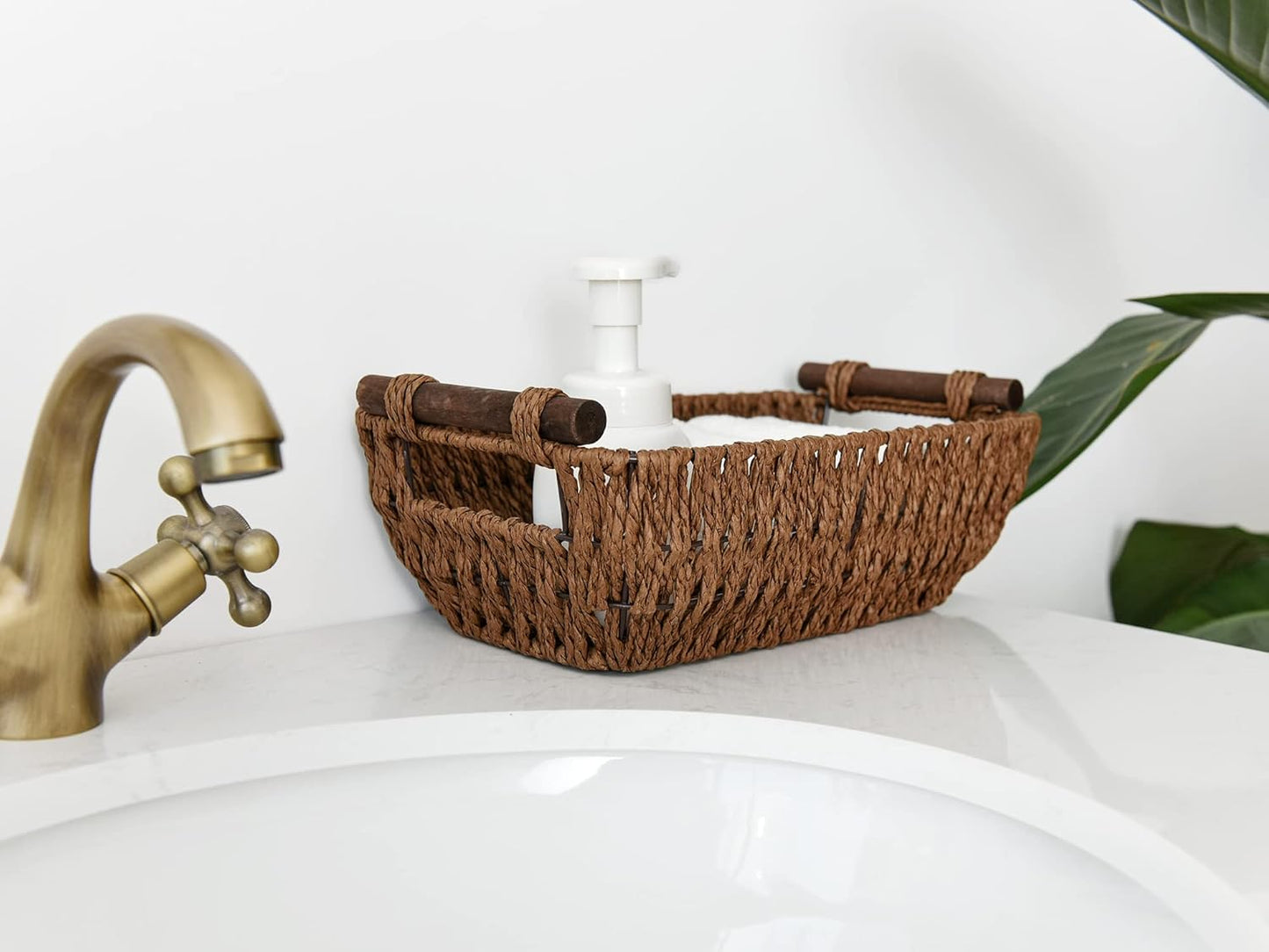 StorageWorks Handwoven Small Wicker Baskets, Round Paper Rope Storage Baskets with Wooden Handles, Dark Brown, 2-Pack