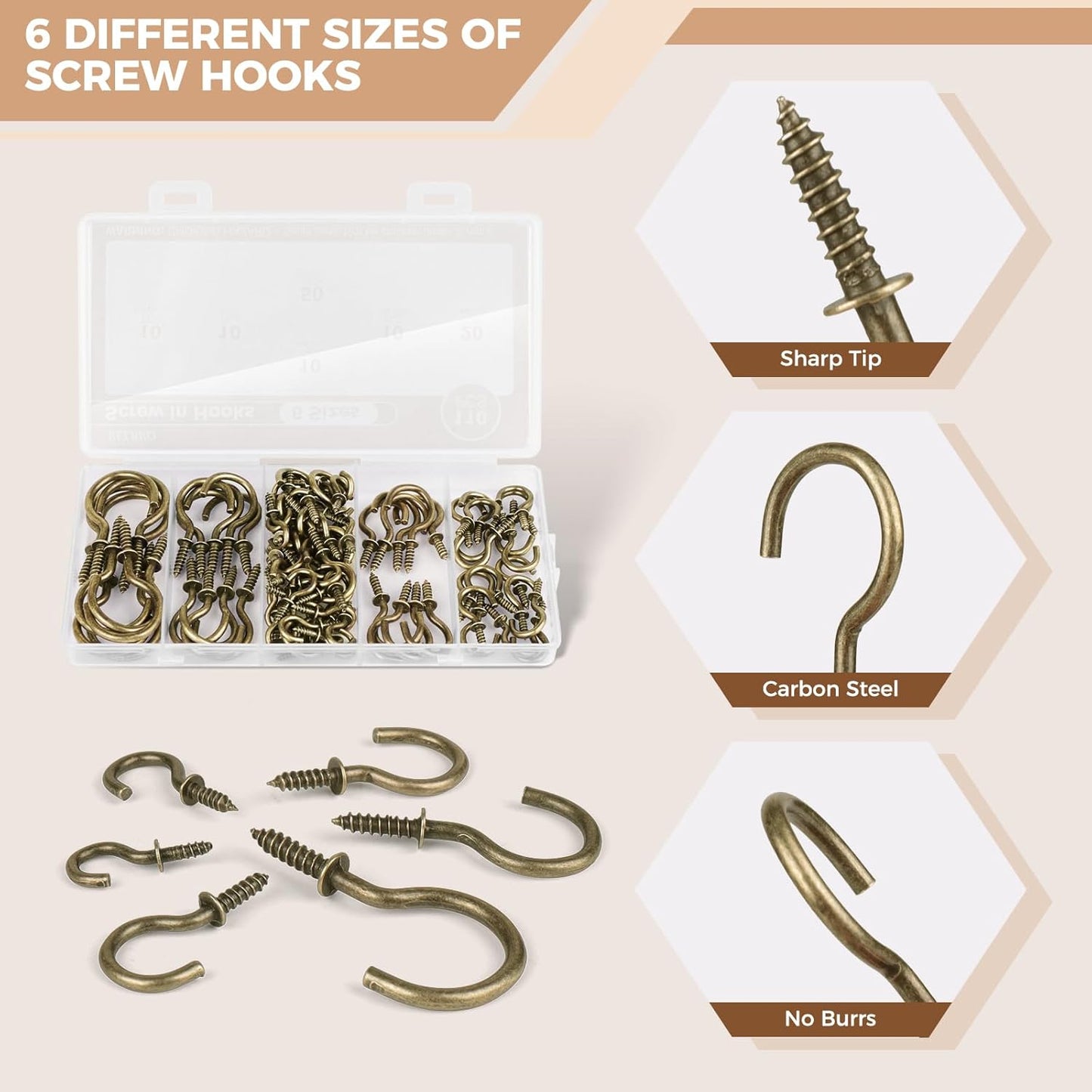 RELBRO Screw Hooks, 6 Sizes Metal Screw in Cup Hooks, 1/2 Inch, 5/8 Inch, 3/4 Inch, 7/8 Inch, 1 Inch, 1-1/4 Inch, Bronze, 110 Pcs