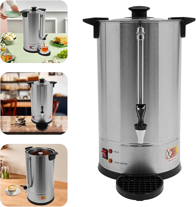 Commercial Electric Coffee Pot 1500W Stainless Steel Coffee Maker Hot Water Dispenser with Drip Tray for Cafes Offices Gatherings, No Temp Control (Silver, 15L)