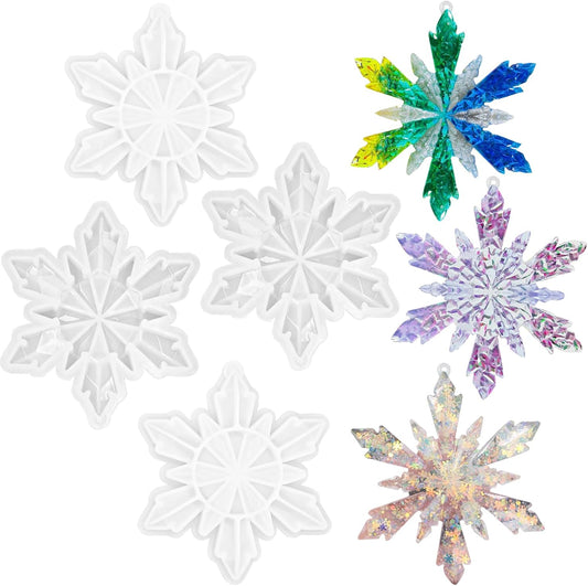 4Pcs Christmas Snowflake Silicone Mold Resin Ornament Molds for Epoxy Resin, DIY Xmas Pendant Home Decoration