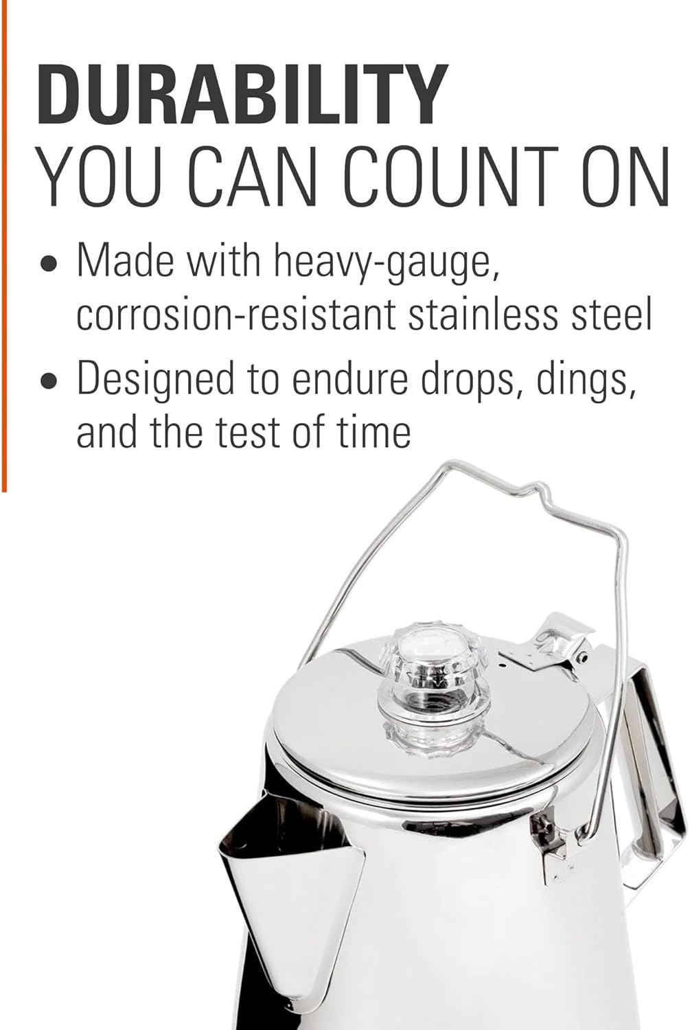 GSI Outdoors Percolator Coffee Pot I Glacier Stainless Steel Ultra-Rugged for Brewing Coffee Over Stove and Fire | Ideal for Group Camping, 28 Cup