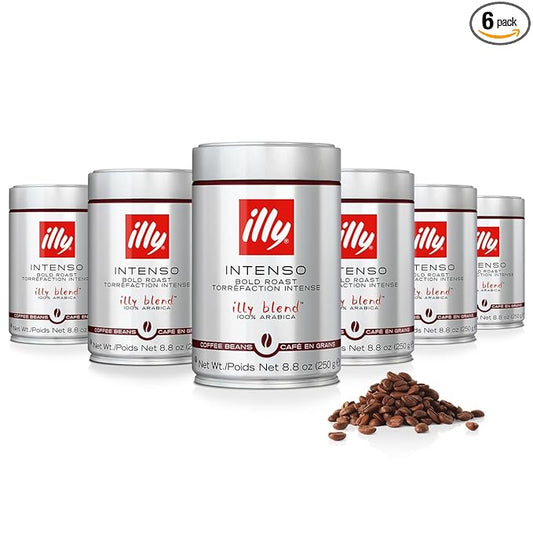 Illy Whole Bean Coffee, Intenso Bold Roast - Bold & Flavorful - 100% Arabica - Whole Beans - Pressurized Packaging Sealed for Freshness - 8.8oz can (Pack of 6)