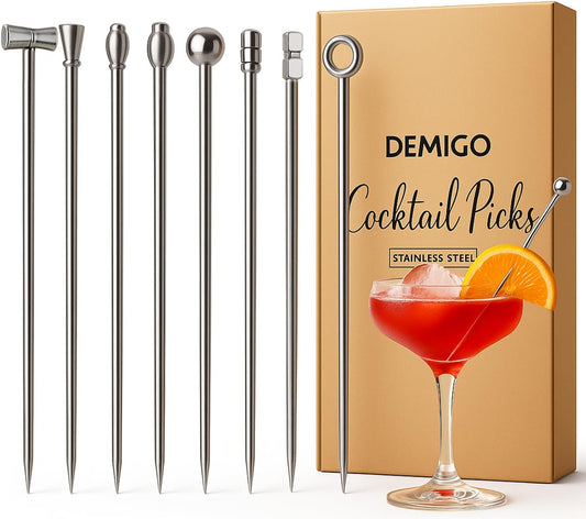 DEMIGO Cocktail Picks, 8 New Styles Stainless Steel Reusable Olive Stuffers Martini Picks set Fruit Toothpicks Garnish Skewers Appetizer Drink Stick for Bar party, Barbeque Snacks, Club sandwiches