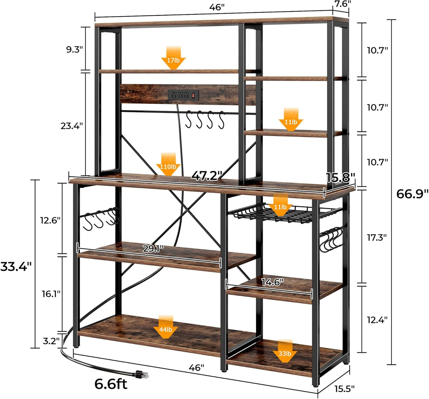 SUPERJARE Larger Bakers Rack with Power Outlets, 6-Tier Microwave Stand, Coffee Bar with 12 S-Shaped Hooks, Kitchen Shelf with Wire Basket, 47.2 x 15.5X 66.9 Inches, Rustic Brown