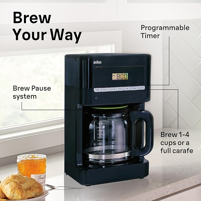 Braun Brew Sense 12 Cup Drip Coffee Maker - Pause & Pour Mid Brew, Programmable Coffee Machine with 24-Hour Timer & Clock, 1-4 Cup Functions, Self Clean, Auto Shutoff, Removable Filter Basket, Black