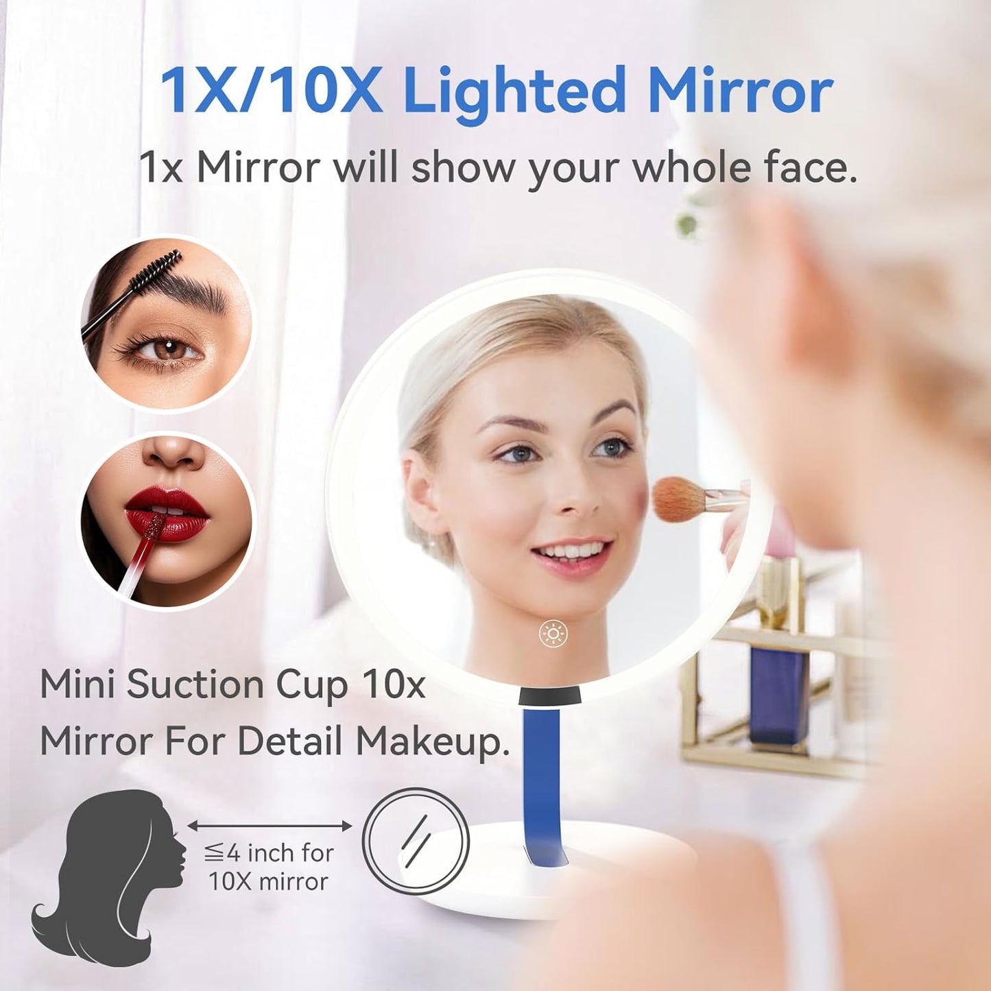 9.65-inch Lighting Makeup Mirror, 1x / 10x,Touch Control,3-Color Adjustable,Metal Stand,up and Down Adjustable Makeup Mirror, High Color Rendering, Eye-Protecting Light Source,Ultramarine