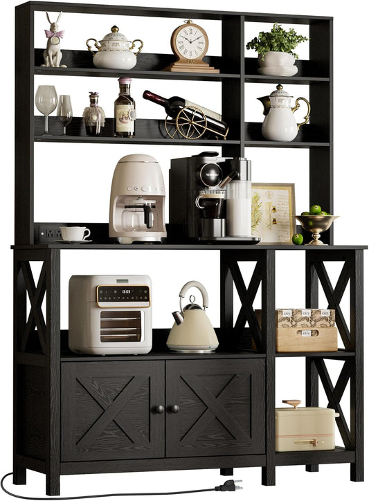 IRONCK Bakers Rack with Power Outlet, 45in Wide Coffee Bar Cabinet with Storage, 6-Tier Kitchen Storage with Doors, Microwave Stand for Kitchen, Dining Room