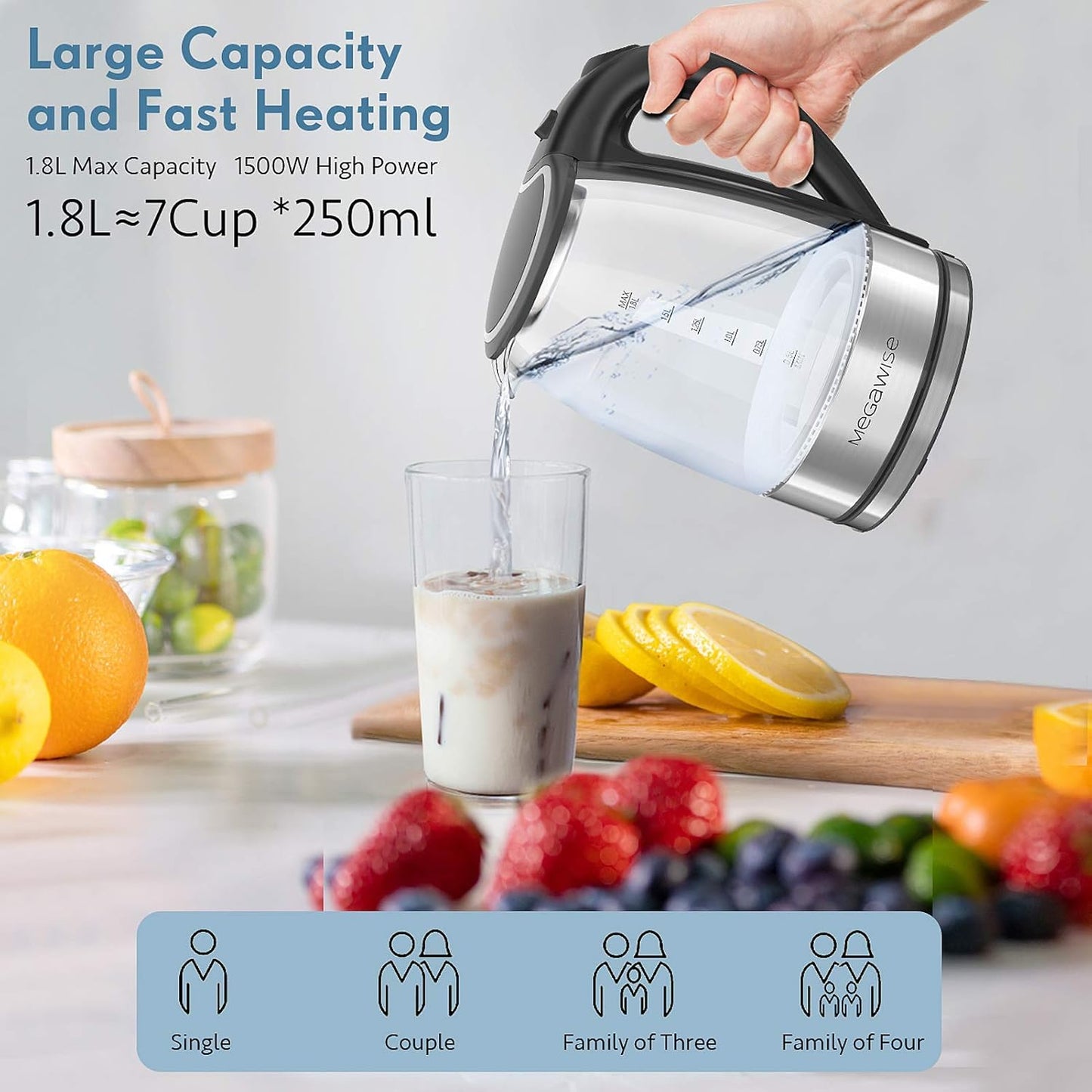 MegaWise Electric Kettle, 1.8L Borosilicate Glass Tea Kettle with LED Light, Auto Shut-Off and Boil-Dry Protection Cordless Kettle Fast Boiling