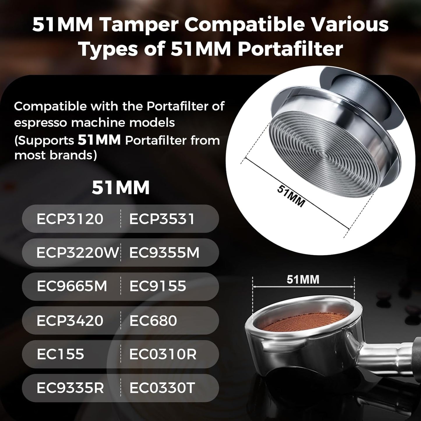 IKAPE 51MM Espresso Tamper Kit Silver 8 IN 1, Coffee Tamper Set comprising a Tamper, Distributor, Magnetic Dosing Funnel, Puck Screen, Station, WDT Tool, along with a Cleaning Towel and Brush