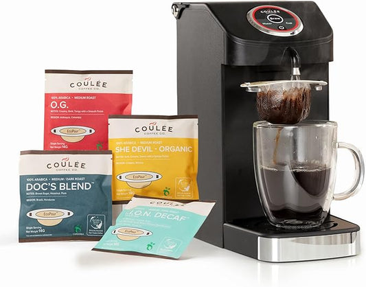 SWIRL Single Serve Coffee Maker, Electric Kitchen Appliances, Use with Cups or Mugs, Includes 20 EcoPour Compostable Coffee Filters, Automated Pour Over, Black, Variety Pack