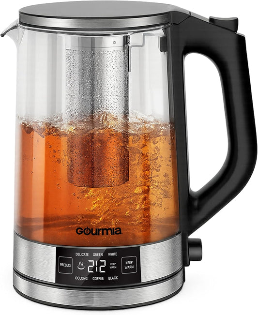 Gourmia Programmable Digital Glass Kettle – 1.7L Adjustable Temperature Electric Kettle with 6 Presets, Keep Warm, Stainless Steel Tea Infuser, 360° Swivel Base - Black