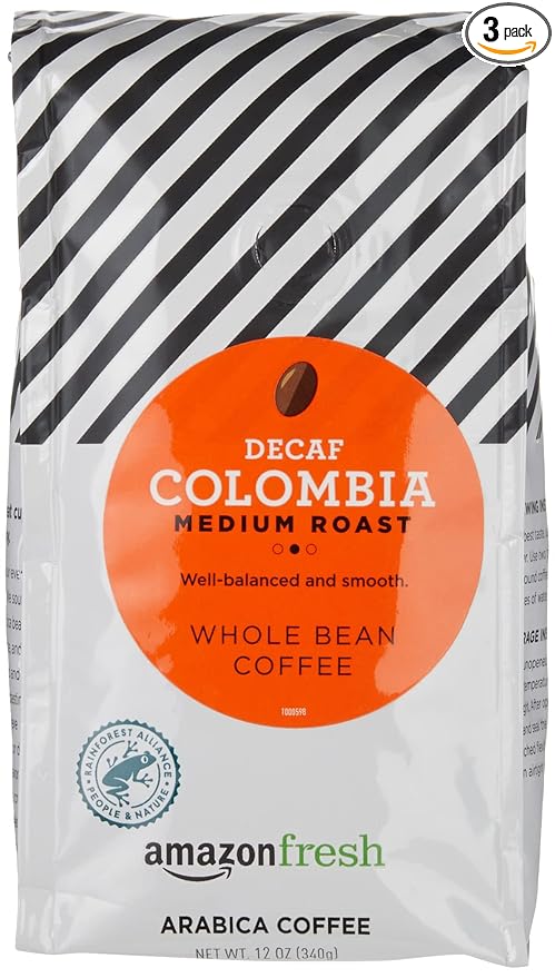 Amazon Fresh Decaf Colombia Whole Bean Coffee, Medium Roast, 12 Ounce (Pack of 3)