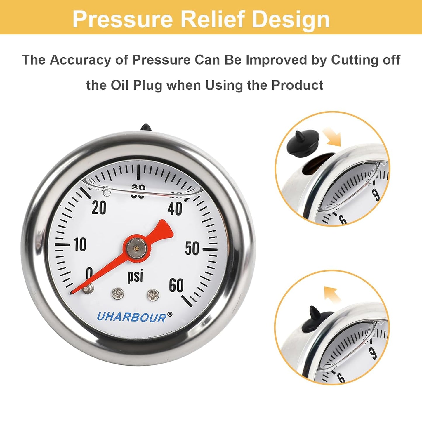 Glycerin Filled Pressure Gauge with 304 Stainless Steel Case, 1-1/2" Dial Size, 0-60Psi, High Accuracy, 1/8" NPT Center Back Mount