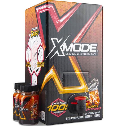 XMODE Energy Shots on Tap (Peach Lightning Flavor) – 100 Serving Dispenser with Refillable Bottles for On-Demand Energy at 150mg Caffeine Per Oz