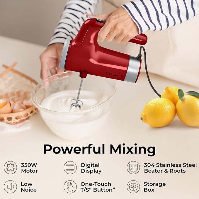 9 Speed Electric Handheld Mixer with Stainless Steel Whisk Beater Attachments & Snap Storage Case, Compact Lightweight 350 W Powerful hand held mixer for Baking & Cooking, Red