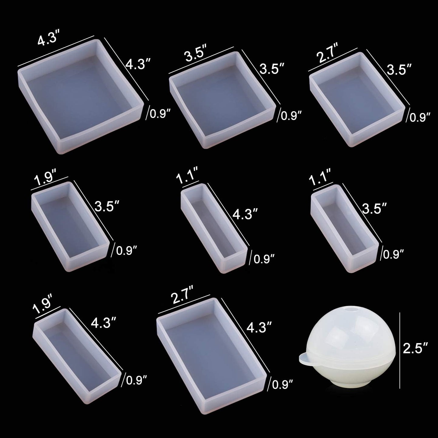 LET'S RESIN Epoxy Resin Molds, Resin Casting Molds Silicone Square Ball Molds 9PCS Different Sizes, Silicone Resin Molds for Resin Jewelry, Soap, Dried Flower Leaf, DIY Fans