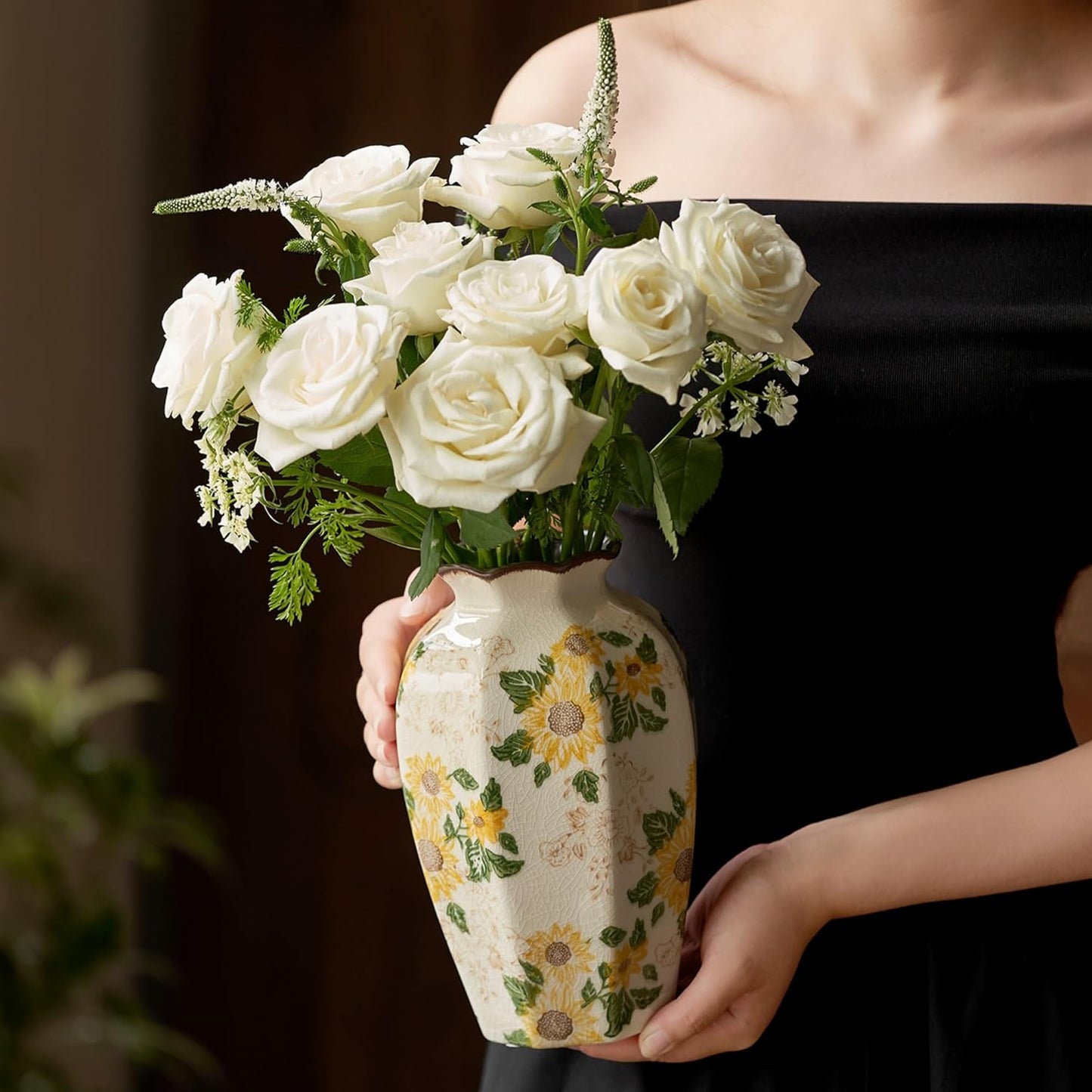 Vintage Pastoral Octagonal Vase, 9.3 Inch Ceramic Sunflower Flower Vases, Rustic Farmhouse Antique Chinoiserie Floral Vase for Wall Art Bedroom and Shelf Home Decor (Octagonal)