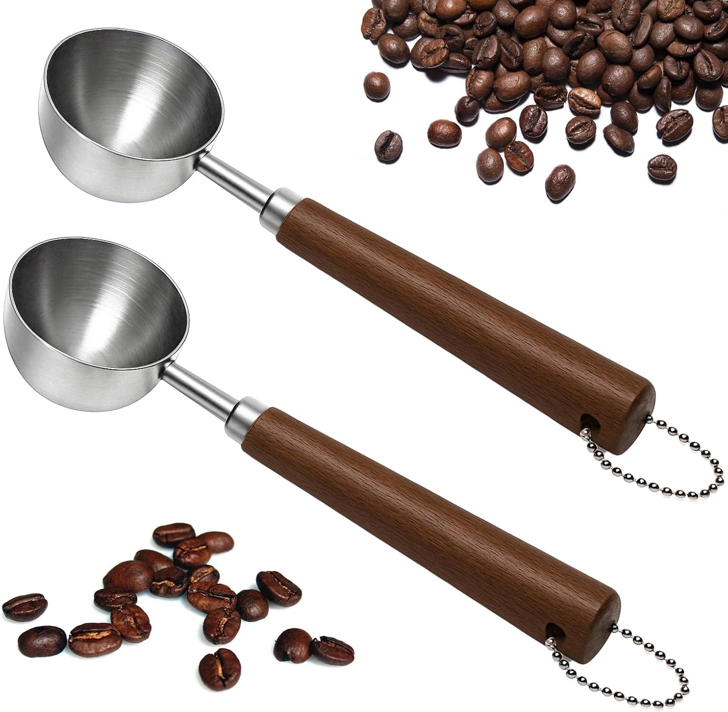 2PCS Vintage Coffee Measuring Spoon， 30ml/10g Capacity coffee scoop for ground coffee、Coffee Beans And Tea，304 Stainless Steel coffee spoons with long Wooden Handle（Silver)