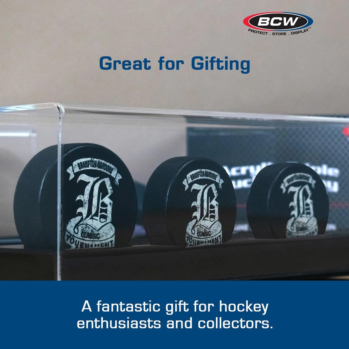 BCW Acrylic Hockey Puck Display Case - 3 Pack | Deluxe Puck Holder with Black Base & Clear Cover | Perfect for Regulation-Sized Hockey Pucks | High Clarity Acrylic