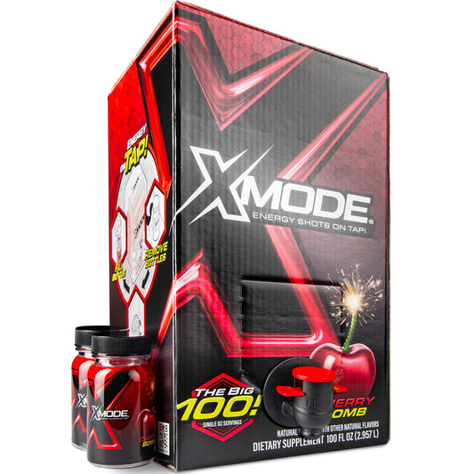 XMODE Energy Shots on Tap with Dispenser & 2 Bottles, 100 Servings - Cherry Bomb Flavor Energy Caffeine Shots - Quick Energy Boost Shots with Vitamins B6 & B12, Caffeine - Great Taste, Zero Calories
