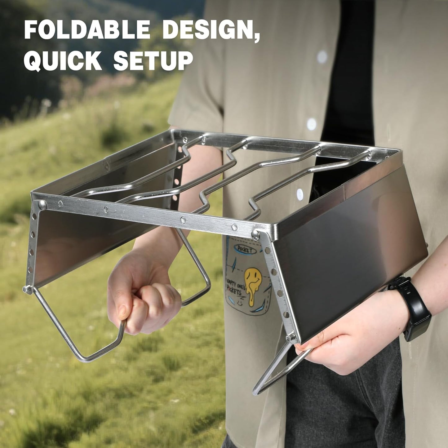 REDCAMP 12" Portable Open Fire Campfire Grill, 304 Stainless Steel Firepit Folding Campfire Grill Grate with Windscreen Height Adjustable Legs and Bag for Outdoor Backpacking Hiking Picnics BBQ