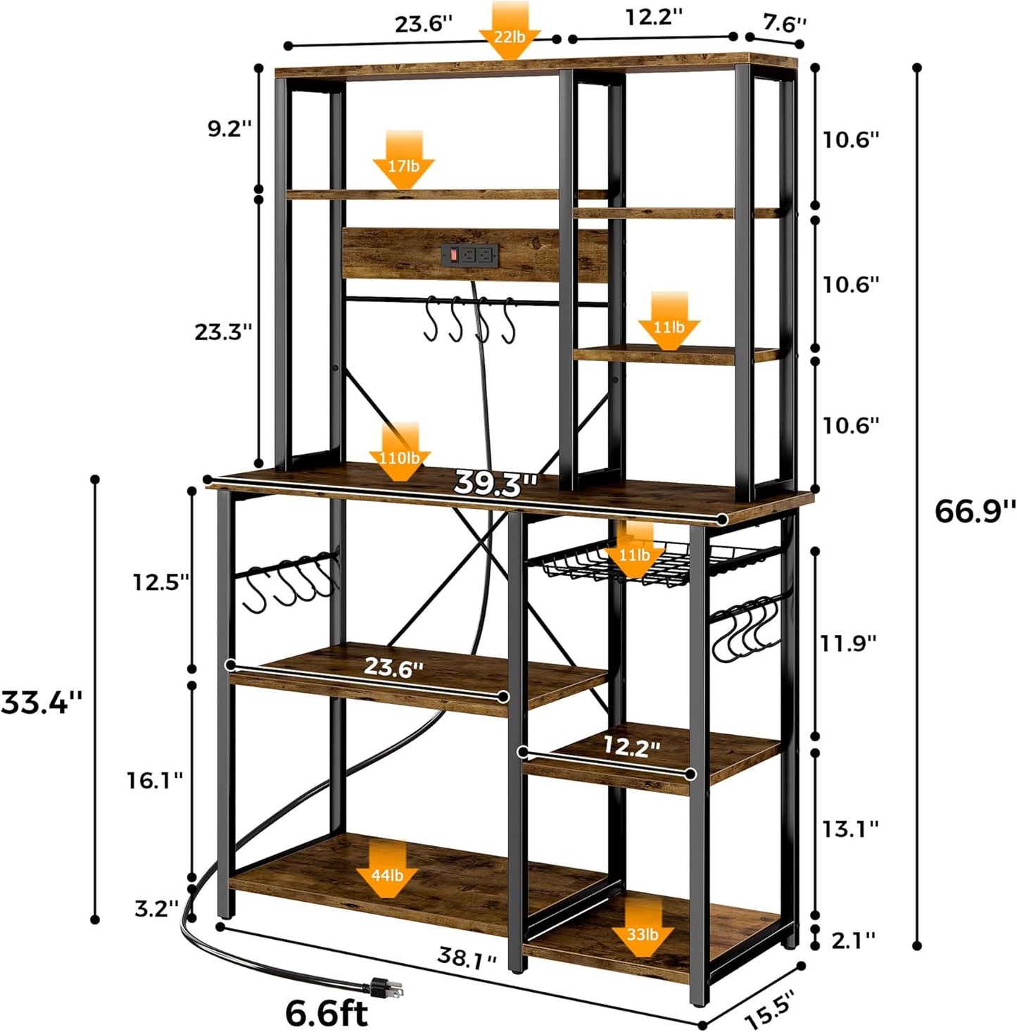 SUPERJARE Large Bakers Rack with Power Outlets, 6-Tier Microwave Stand, Coffee Bar with 12 S-Shaped Hooks, Kitchen Shelf with Wire Basket, 39.3 x 15.5 x 66.9 Inches, Rustic Brown