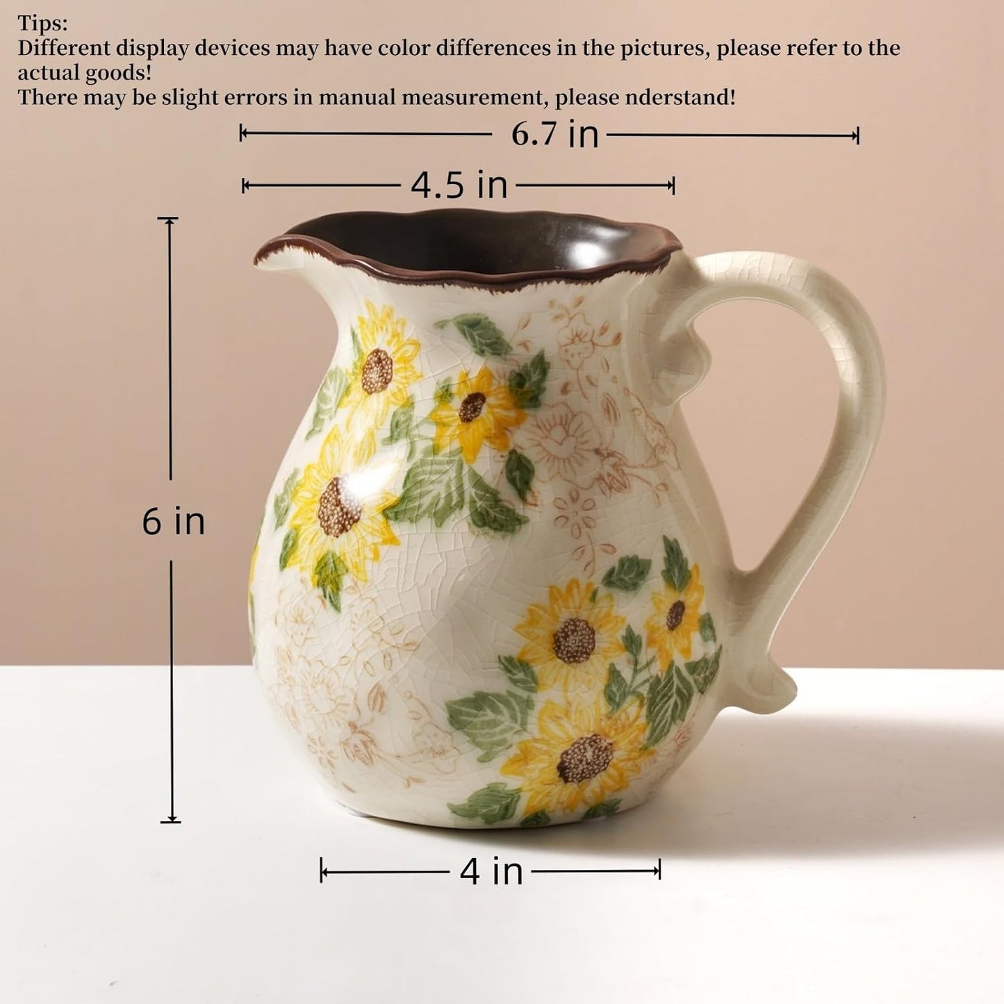 Vintage Vase with Handle, 6 Inch Ceramic Pitcher Sunflower Floral Vase, Rustic Farmhouse Vases for Grandma Core Home Decor, Bookshelf Office Tuscan Decor (Small Teapot)