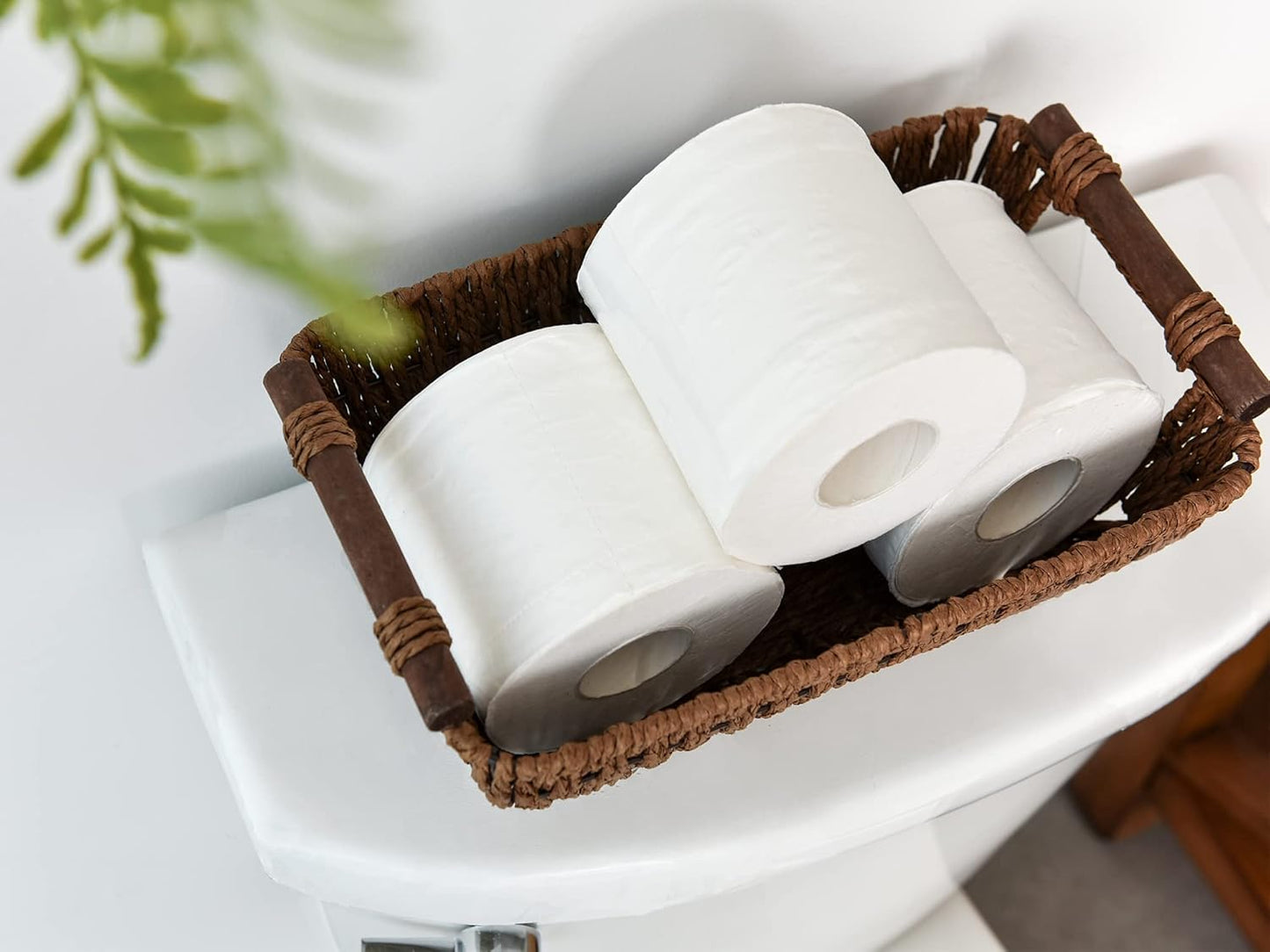 StorageWorks Handwoven Small Wicker Baskets, Round Paper Rope Storage Baskets with Wooden Handles, Dark Brown, 2-Pack