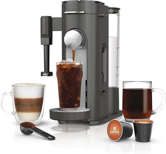Ninja Single-Serve Coffee Maker, Pods & Grounds, 4 Brew Styles: Classic, Rich, Over Ice, Specialty, Compact, Frother, 6-24 oz Brew Sizes, Travel Mug Friendly, Gray, PB050