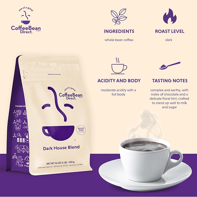 Coffee Bean Direct Dark House Blend, Whole Bean Coffee, Dark Roast, 1 Pound Bag (Pack of 1)